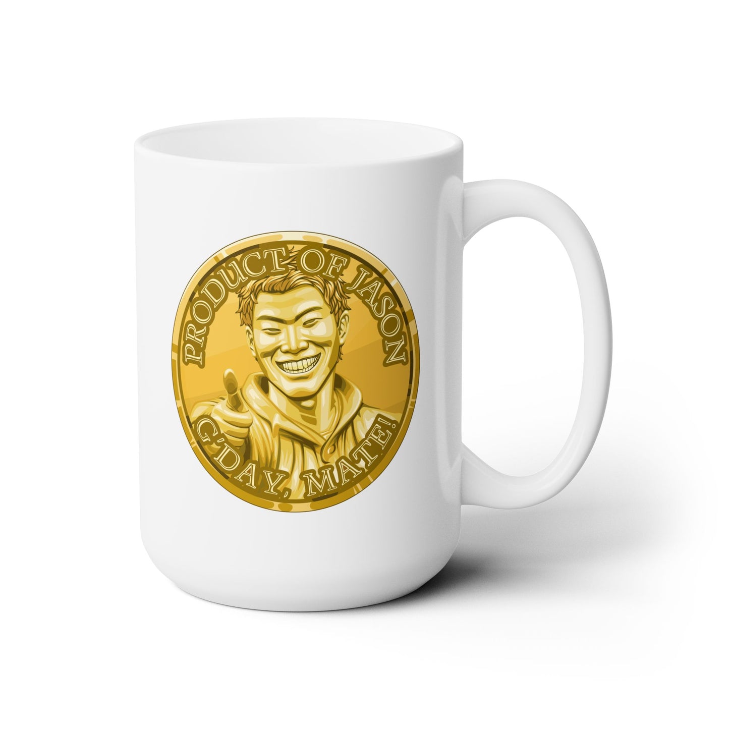 Gold Spirit Coin 15 oz Coffee Mug of He Who Fights With Monsters Jason Asano Gold Coin Coffee Mug G'day Mate Product of Jason Coffee Mug