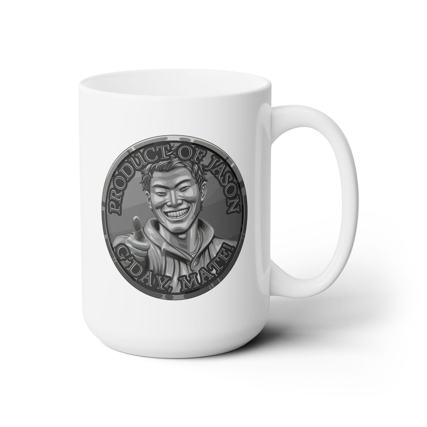 Iron Spirit Coin 15 oz Coffee Mug of He Who Fights With Monsters Jason Asano Iron Coin Coffee Mug G'day Mate Product of Jason Coffee Mug