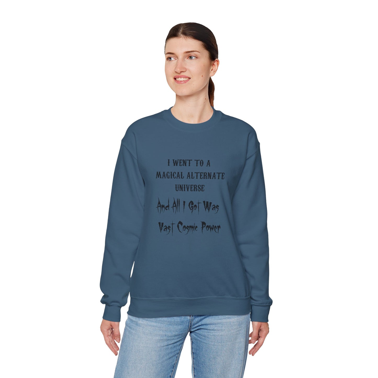 Indigo Blue HWFWM Magical Alternate Universe Crewneck Sweatshirt - Vast Cosmic Power Design