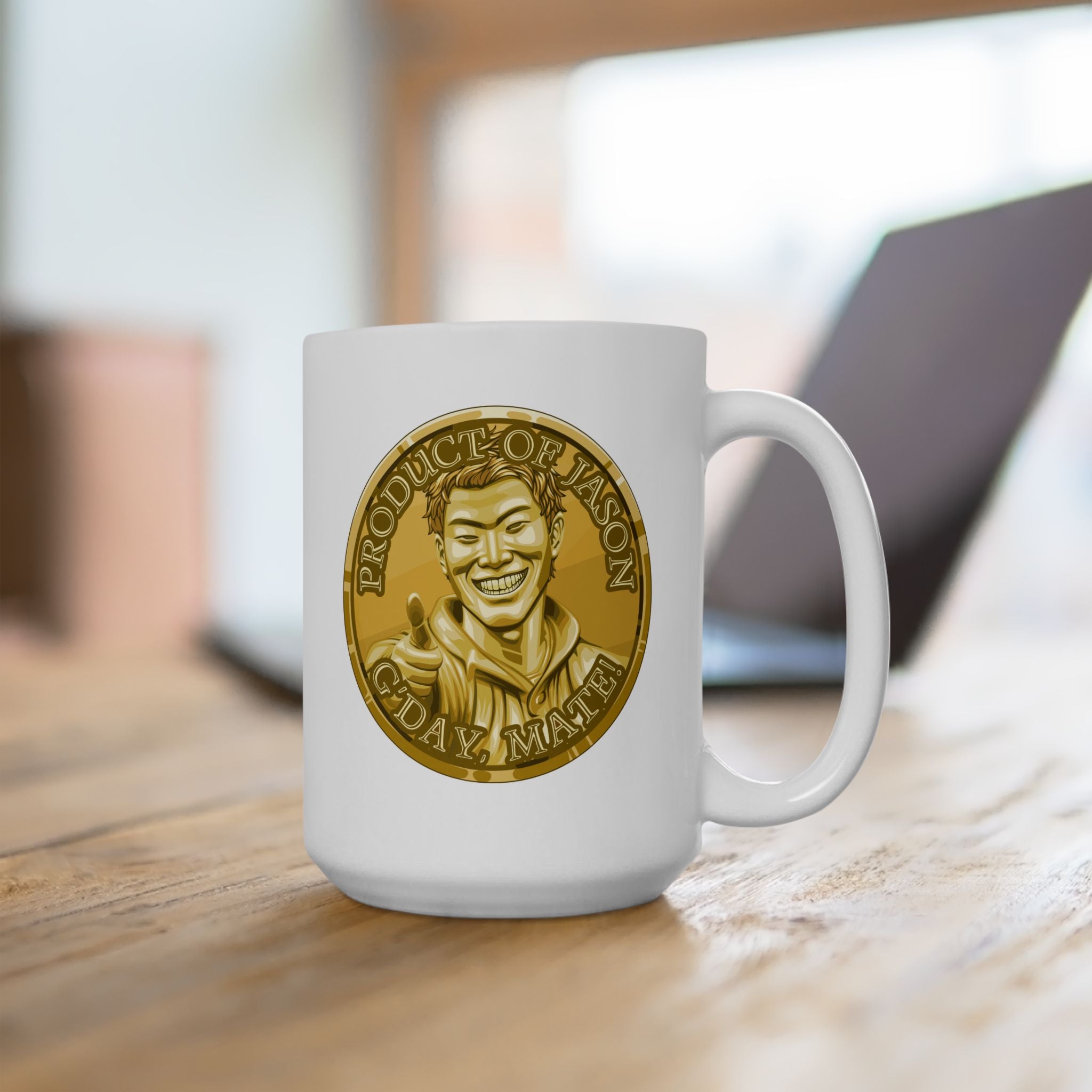 Gold Spirit Coin 15 oz Coffee Mug of He Who Fights With Monsters Jason Asano Gold Coin Coffee Mug G'day Mate Product of Jason Coffee Mug