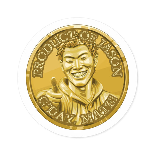 (Indoor/Outdoor) Product of Jason, G'day Mate Gold Rank Spirit Coin Sticker HWFWM Fan Merch Fan Designed Spirit Coin Stickere He Who Fights with Monsters
