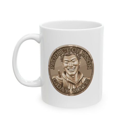 Bronze Spirit Coin Coffee Mug of He Who Fights With Monsters Jason Asano Bronze Coin Coffee Mug G'day Mate Product of Jason Coffee Mug