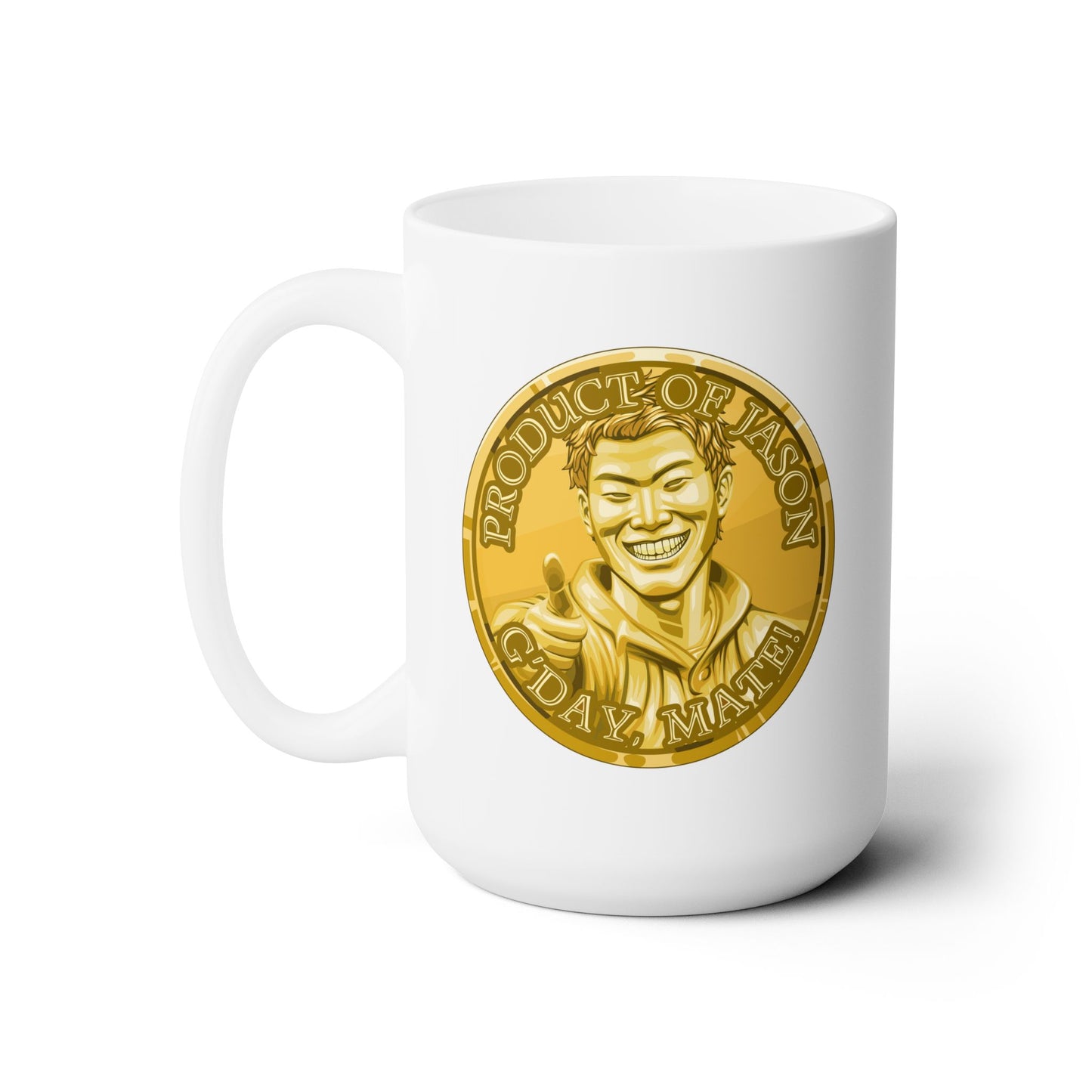 Gold Spirit Coin 15 oz Coffee Mug of He Who Fights With Monsters Jason Asano Gold Coin Coffee Mug G'day Mate Product of Jason Coffee Mug