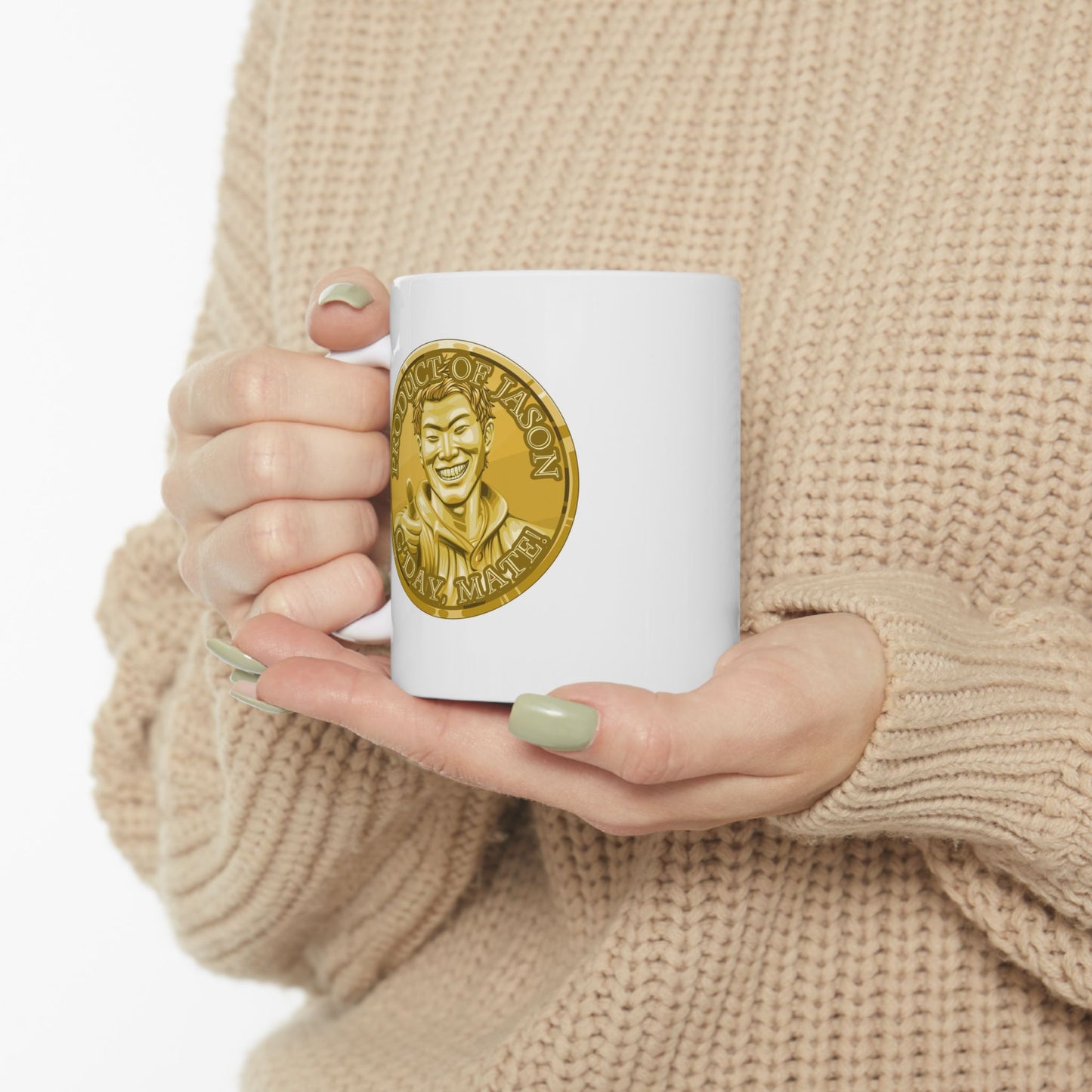 Gold Spirit Coin Coffee Mug of He Who Fights With Monsters Jason Asano Gold Coin Coffee Mug G'day Mate Product of Jason Coffee Mug