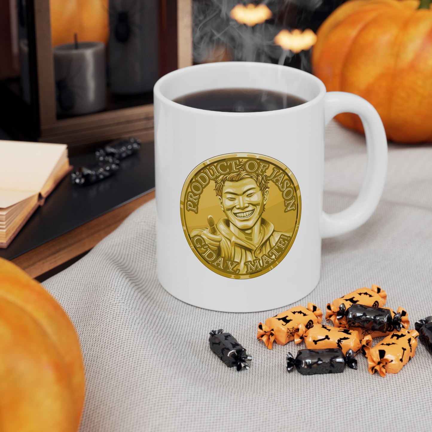 Gold Spirit Coin Coffee Mug of He Who Fights With Monsters Jason Asano Gold Coin Coffee Mug G'day Mate Product of Jason Coffee Mug