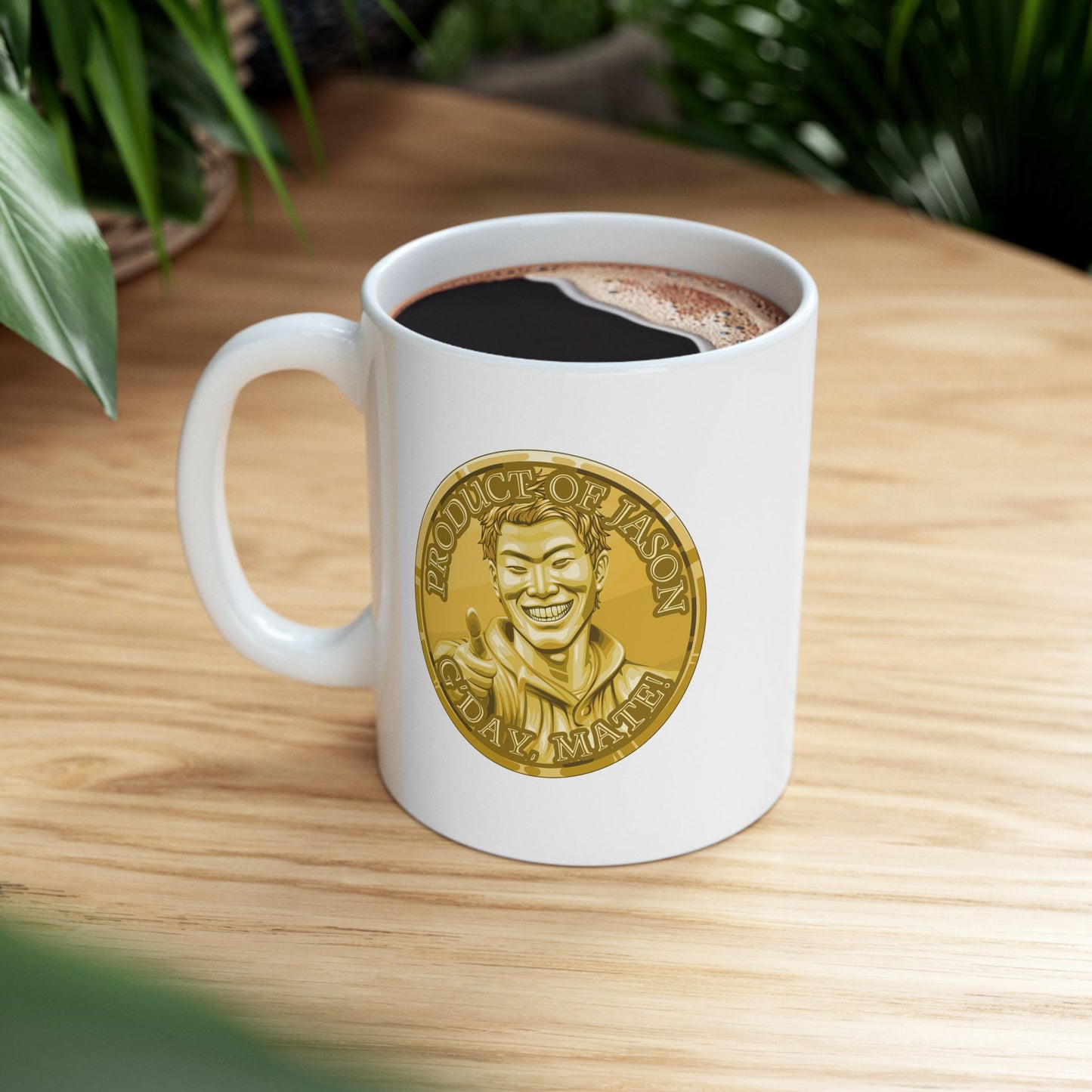 Gold Spirit Coin Coffee Mug of He Who Fights With Monsters Jason Asano Gold Coin Coffee Mug G'day Mate Product of Jason Coffee Mug