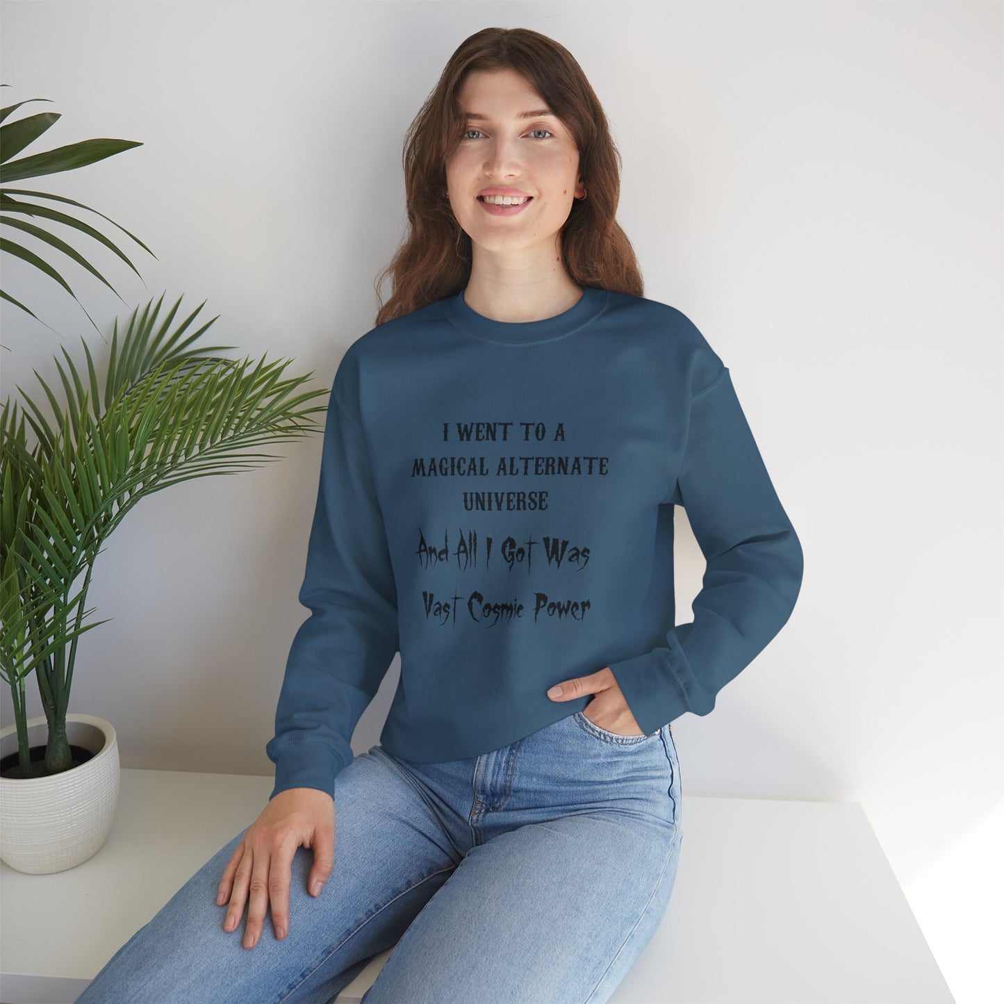 Indigo Blue HWFWM Magical Alternate Universe Crewneck Sweatshirt - Vast Cosmic Power Design