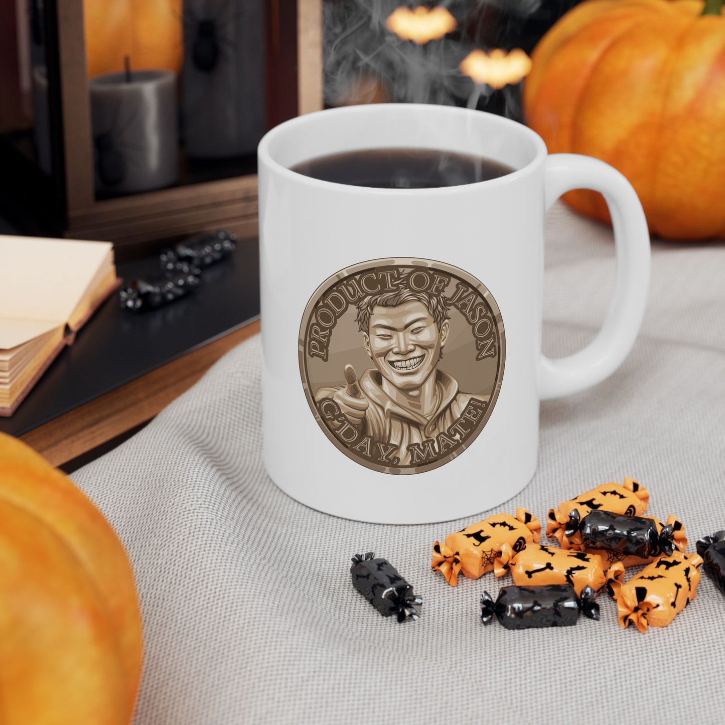 Bronze Spirit Coin Coffee Mug of He Who Fights With Monsters Jason Asano Bronze Coin Coffee Mug G'day Mate Product of Jason Coffee Mug