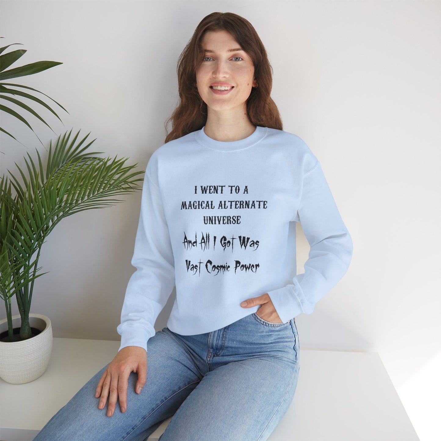 Light Blue HWFWM Magical Alternate Universe Crewneck Sweatshirt - Vast Cosmic Power Design
