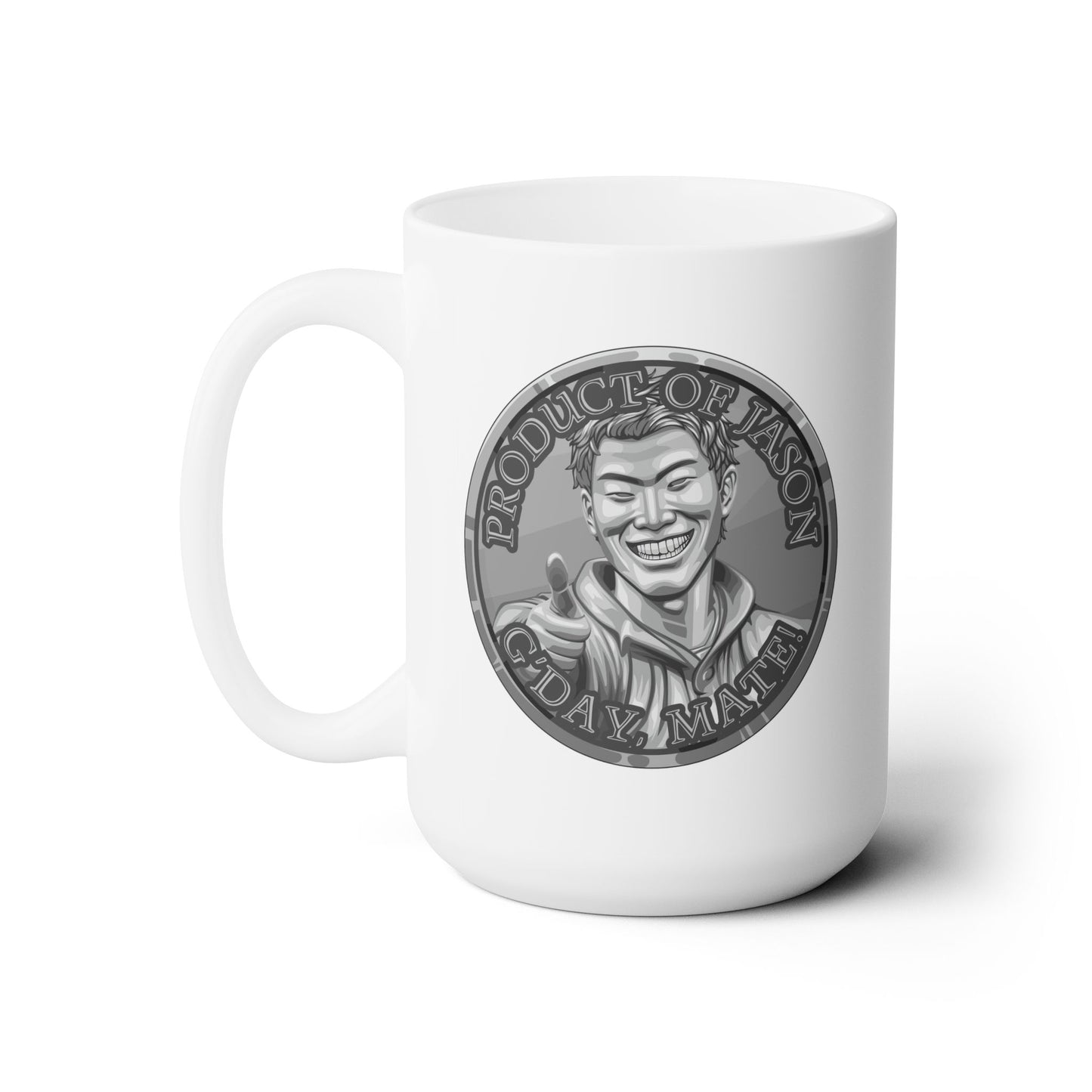 Silver Spirit Coin 15 oz Coffee Mug of He Who Fights With Monsters Jason Asano Silver Coin Coffee Mug G'day Mate Product of Jason Coffee Mug