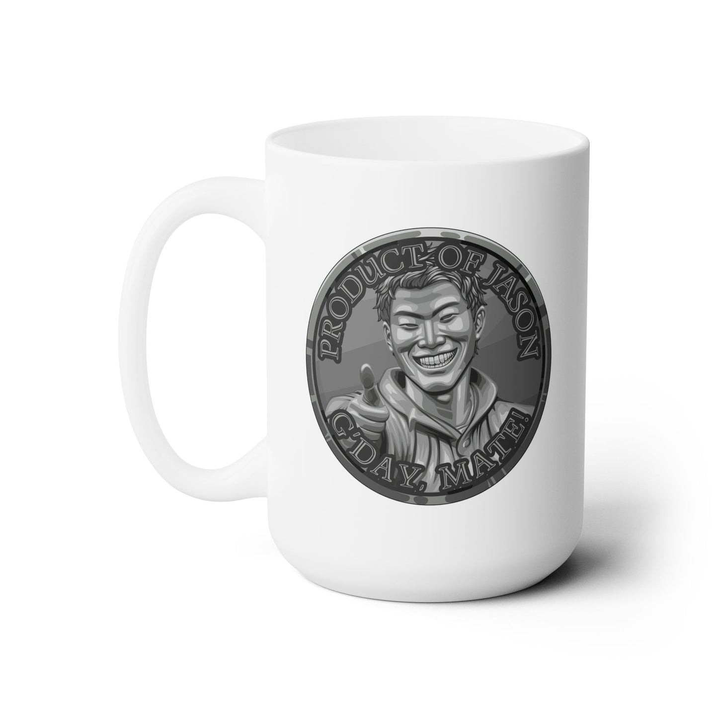 Iron Spirit Coin 15 oz Coffee Mug of He Who Fights With Monsters Jason Asano Iron Coin Coffee Mug G'day Mate Product of Jason Coffee Mug
