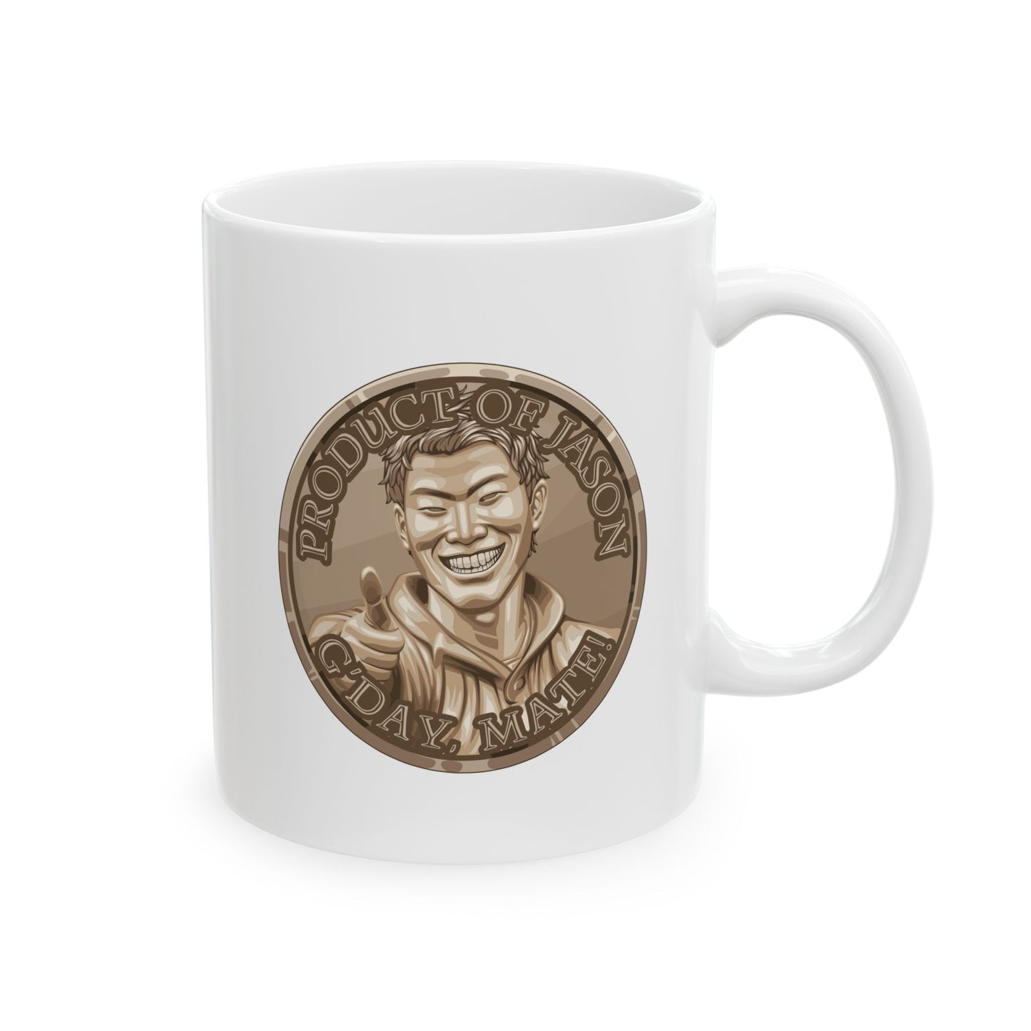 Bronze Spirit Coin Coffee Mug of He Who Fights With Monsters Jason Asano Bronze Coin Coffee Mug G'day Mate Product of Jason Coffee Mug