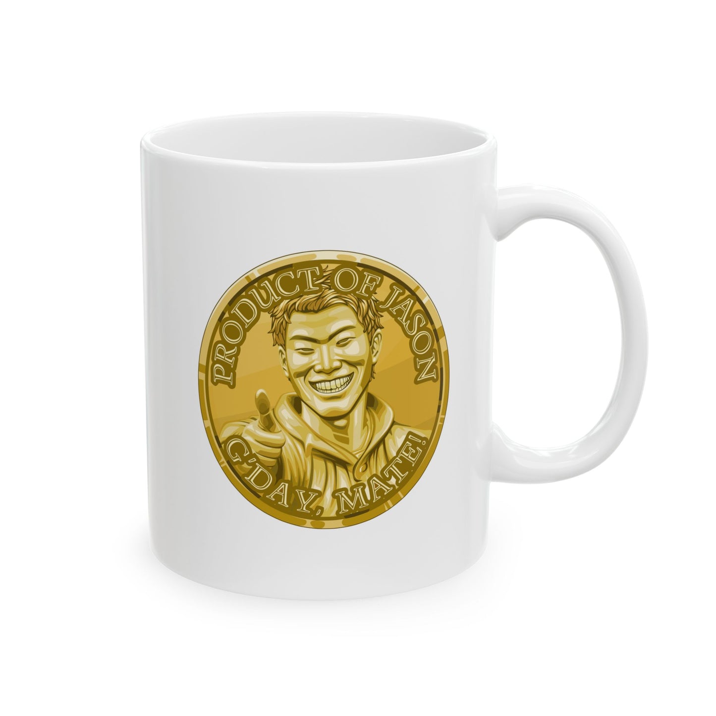Gold Spirit Coin Coffee Mug of He Who Fights With Monsters Jason Asano Gold Coin Coffee Mug G'day Mate Product of Jason Coffee Mug