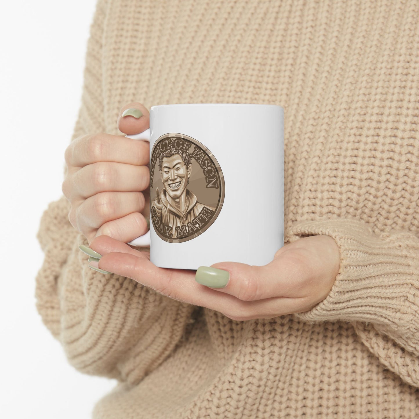Bronze Spirit Coin Coffee Mug of He Who Fights With Monsters Jason Asano Bronze Coin Coffee Mug G'day Mate Product of Jason Coffee Mug