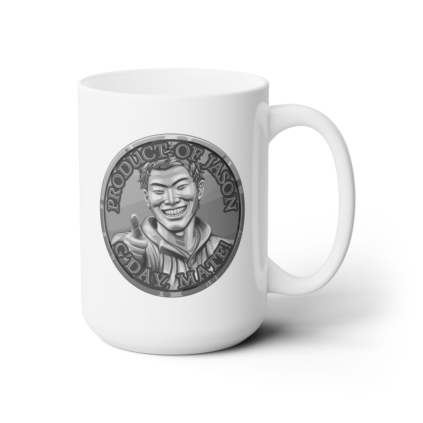 Silver Spirit Coin 15 oz Coffee Mug of He Who Fights With Monsters Jason Asano Silver Coin Coffee Mug G'day Mate Product of Jason Coffee Mug
