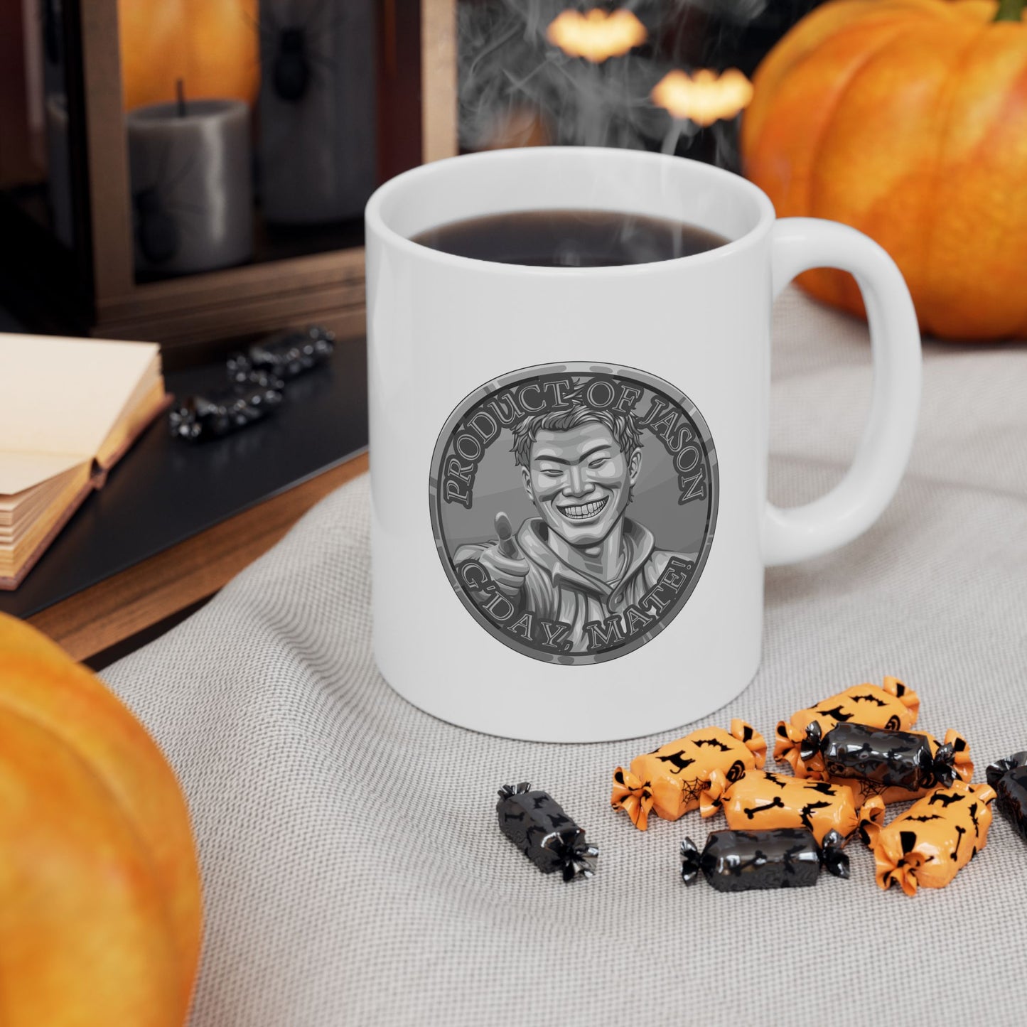 Silver Spirit Coin Coffee Mug of He Who Fights With Monsters Jason Asano Silver Coin Coffee Mug G'day Mate Product of Jason Coffee Mug