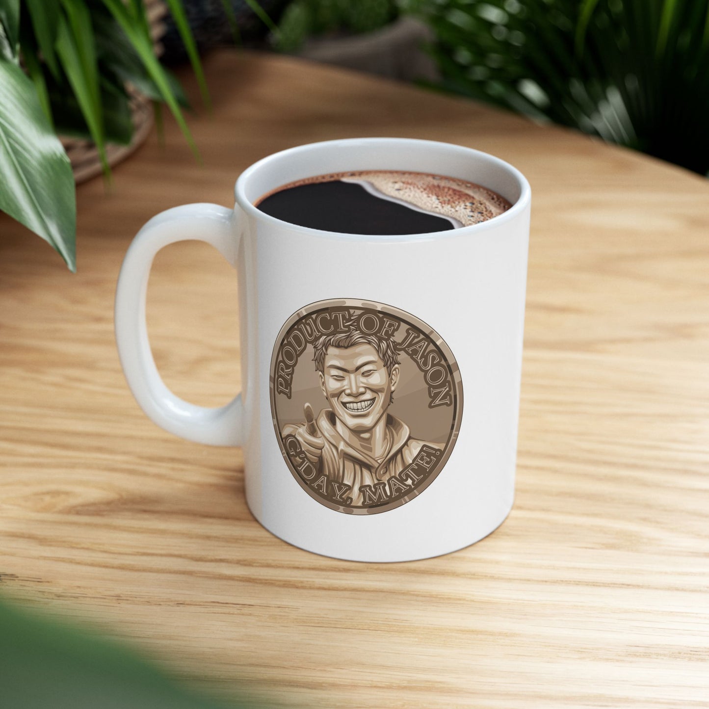 Bronze Spirit Coin Coffee Mug of He Who Fights With Monsters Jason Asano Bronze Coin Coffee Mug G'day Mate Product of Jason Coffee Mug