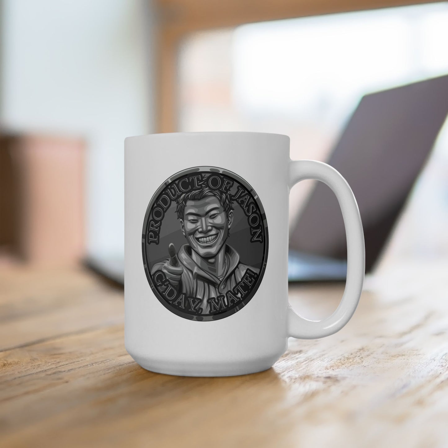 Iron Spirit Coin 15 oz Coffee Mug of He Who Fights With Monsters Jason Asano Iron Coin Coffee Mug G'day Mate Product of Jason Coffee Mug